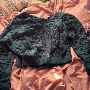 Pink Rose V-Neck Cable Knit Sweater - Teal